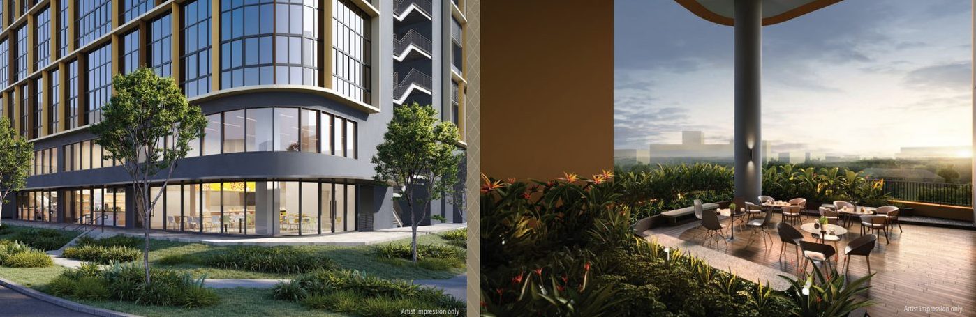 Harrison Food Building shared facilities — building exterior and Level 4 sky terrace